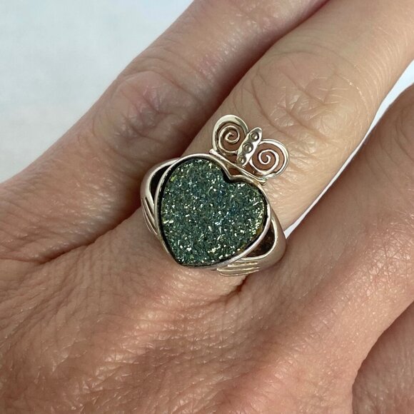 Sterling Silver 925 Ireland JMH Jewelry Claddagh Titanium Druzy Heart Ring 5.75 - Picture 5 of 16